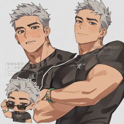  1boy barcode barcode_tattoo bead_bracelet beads black_eyes black_shirt blonde_hair borrowed_character bracelet chain chain_necklace chibi chibi_inset compression_shirt covered_abs covered_pectorals crossed_arms dominic_(jonigiri) earrings english_text eyebrow_cut eyewear_pull glint grey_background grey_eyes gt_dune highres jewelry looking_at_viewer looking_over_eyewear male_focus mole mole_under_eye multiple_views muscular muscular_arms muscular_male neck_tattoo necklace original parted_lips pectorals pendant raised_eyebrows shirt short_sideburns short_sleeves sideburns simple_background smile star_(symbol) star_pendant star_tattoo striped_blush sunglasses sweatdrop tattoo thick_eyebrows tight_clothes tight_shirt watermark white_hair 