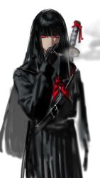  1girl absurdres black_dress black_hair cigarette dress highres holding holding_cigarette katana limbus_company long_hair looking_at_viewer project_moon red_eyes ryoshu_(project_moon) shaguo_jiangyou_(liangxiu_meng_nu_shen_guan) smoke smoke_trail standing sword weapon white_background 