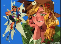  2girls applejack applejack_(equestria_girls) black_shorts blonde_hair brown_hat cowboy_hat cowgirl_(western) eyewear_on_head fang_wo_zou_aaaaaa freckles green_eyes hat highres long_hair low-tied_long_hair multicolored_hair multiple_girls my_little_pony my_little_pony:_equestria_girls my_little_pony:_friendship_is_magic pink_eyes rainbow_dash rainbow_dash_(equestria_girls) rainbow_hair rainbow_print shorts smile sunglasses yuri 