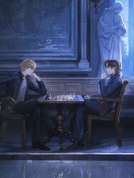  2boys black_coat black_jacket black_pants black_robe black_shoes blonde_hair board_game brown_hair cassock chair chess chess_piece chessboard coat collared_jacket commentary_request cropped_jacket cross cross_necklace crossed_legs dress_shoes fate/stay_night fate_(series) gilgamesh_(fate) gilgamesh_(immoral_biker_jacket)_(fate) hair_between_eyes hair_intakes hand_on_own_chin highres indoors jacket jewelry kotomine_kirei long_coat long_sleeves looking_at_object male_focus multiple_boys necklace night on_chair open_clothes open_jacket pants parted_bangs playing_chess profile reflective_floor robe rubyperseus shirt shoes short_hair sitting statue striped_clothes striped_jacket table tile_floor tiles vertical-striped_clothes vertical-striped_jacket white_shirt window wooden_chair wooden_table 