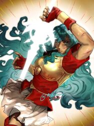  1girl aqua_eyes aqua_hair armor artist_name astrumnm breastplate circlet commentary cuts drawing_sword eirika_(fire_emblem) fire_emblem fire_emblem:_the_sacred_stones gloves green_hair highres holding holding_sword holding_weapon injury long_hair red_gloves scratches sieglinde_(sword) skirt solo sword weapon white_background white_skirt yellow_armor 