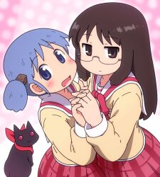  2girls :3 blue_eyes blue_hair blurry blurry_background blush brown_hair cat commentary_request holding_hands long_hair medium_hair minakami_mai multiple_girls naganohara_mio nichijou pink_background polka_dot polka_dot_background sakamoto_(nichijou) school_uniform shirosato sidelocks sweat tokisadame_school_uniform 