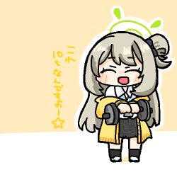  1girl :d black_skirt black_socks blue_archive blush breasts brown_hair cardigan collared_shirt commentary_request deformed double-parted_bangs dumbbell full_body green_halo hair_rings halo holding holding_dumbbell lanyard long_hair lowres neneo_(ragnene1) nonomi_(blue_archive) open_cardigan open_clothes open_mouth outline plaid_clothes plaid_skirt shirt simple_background skirt smile socks solo standing translation_request two-tone_background white_background white_outline white_shirt yellow_background yellow_cardigan 