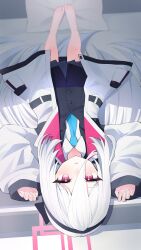  1girl absurdres anleewind barefoot bed black_jacket black_skirt black_vest blue_archive blush breasts collared_shirt hair_between_eyes hairband halo highres jacket kei_(blue_archive) kei_(student)_(blue_archive) long_hair long_sleeves looking_at_viewer lying multicolored_jacket necktie on_back open_clothes open_jacket pillow red_eyes shirt sidelocks skirt small_breasts solo two-tone_jacket very_long_hair vest white_hair white_jacket white_shirt 