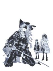  3girls absurdres animal_ears arknights ascot bag belt beret blindfold boots coat covered_eyes floppy_ears full_body goggles greyscale hat headphones high_heel_boots high_heels highres holding holding_paper holding_sword holding_weapon kneeling long_sleeves lop_rabbit_ears monochrome multiple_girls open_clothes open_coat paper pith_(arknights) pouch rabbit_ears rapier reserve_operator_caster_(arknights) simple_background standing sword thigh_boots tulip_(arknights) weapon white_background zaoshang_huai 