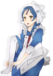  1girl apron blue_dress blue_hair braid commentary_request dress facial_mark fire_emblem fire_emblem_fates forehead_jewel forehead_mark gradient_hair highres lilith_(fire_emblem) long_hair multicolored_hair open_mouth pointy_ears red_hair simple_background single_braid smile solo tuguikyu white_background white_wrist_cuffs wrist_cuffs yellow_eyes 