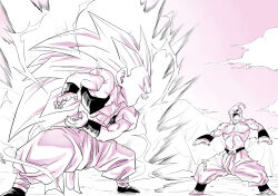  abs amayuki318 antennae aura baggy_pants belt black_belt black_nails black_sclera black_vest clouds cloudy_sky colored_sclera colored_skin commentary_request dragon_ball dragon_ball_z duel electricity fighting_stance gotenks gradient_background head_tail highres hole_on_body injury kamehameha_(dragon_ball) long_hair majin_buu majin_symbol martial_arts_belt metamoran_vest muscular muscular_male no_eyebrows open_clothes open_mouth open_vest pants partially_colored pectorals pink_background pink_skin sky smile spiky_hair super_buu super_saiyan super_saiyan_3 thick_eyebrows torn_clothes very_long_hair vest white_pants wristband 