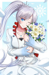  1girl absurdres asymmetrical_bangs blue_background blue_eyes blue_gem border bouquet closed_mouth collarbone cropped_jacket dress english_commentary floating_hair flower gem high_collar high_ponytail highres holding holding_bouquet hugging_object jacket jewelry kumanosigenium1 lace-trimmed_sleeves lace_trim long_hair long_sleeves looking_at_viewer necklace one_eye_closed open_clothes open_jacket outside_border parted_bangs ponytail rwby scar scar_across_eye scar_on_face silver_tiara smile snowflake_background solo spiked_tiara strapless strapless_dress tiara upper_body very_long_hair weiss_schnee white_border white_dress white_flower white_hair white_jacket wide_sleeves 