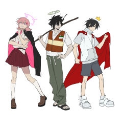  1girl 2boys absurdres bai_zhong_(false_memory) black_cape black_eyes black_hair black_shorts bright_pupils cape carrying_over_shoulder chinese_commentary colored_skin commentary_request crown false_memory gold_crown green_pants grey_shirt grey_skin guan_chao_(false_memory) halo hand_on_own_hip high-visibility_clothing high-visibility_vest high_collar highres holding holding_stick kneehighs looking_to_the_side male_focus minghe_youling mini_crown multiple_boys nervous_sweating pants pink_eyes pink_hair protagonist_halo pulling_own_clothes red_cape red_skirt sandals shirt shoes short_sleeves shorts simple_background skirt slides sneakers socks stick sweat tear_troughs vest white_background white_pupils white_shirt white_shoes 
