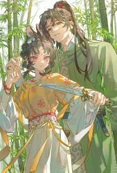 1boy 1girl absurdres animal_ears bamboo bamboo_forest bead_bracelet beads belt black_belt bracelet brown_hair chinese_clothes chinese_commentary commentary_request commission cowboy_shot curtained_hair earrings facial_mark feitian_xiaochaorou flower flower_earrings forehead_mark forest green_eyes green_hanfu hair_flower hair_ornament hanfu highres holding holding_sword holding_weapon jewelry kuji-in long_sleeves looking_at_viewer mihuashi_commission mole mole_on_cheek mole_on_neck mole_under_eye multiple_earrings nature original outdoors parted_bangs parted_lips ponytail red_eyes short_sword skirt standing sword teaching weapon white_skirt yellow_hanfu 