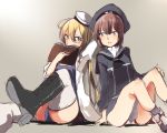  2girls ahoge blonde_hair blue_eyes book boots brown_eyes brown_hair clothes_writing cross-laced_footwear hat holding holding_book i-8_(kantai_collection) kantai_collection lace-up_boots long_hair long_sleeves military military_uniform multiple_girls name_tag one-piece_swimsuit oomori_(kswmr) sailor_collar sailor_hat school_swimsuit short_hair sitting swimsuit uniform z3_max_schultz_(kantai_collection) 