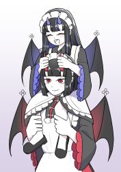  2girls absurdres araya_(project_moon) black_hair blue_streaks blush carrying closed_eyes commentary demon_girl demon_horns demon_wings english_commentary highres horns limbus_company long_hair maid maid_headdress mother_and_child mother_and_daughter multicolored_hair multiple_girls nijou_rakugaki parent_and_child piggyback project_moon red_eyes ryoshu_(project_moon) short_hair simple_background smile streaked_hair wings 