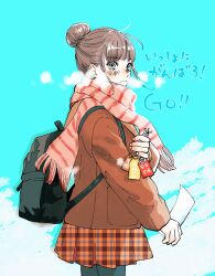  1girl backpack bag black_bag black_hair black_pantyhose blue_eyes breath brown_jacket charm_(object) chihayafuru cold commentary_request hair_bun hanano_sumire highres holding holding_charm jacket long_sleeves official_art pantyhose pink_nails plaid_clothes plaid_skirt scarf school_uniform skirt solo suetsugu_yuki 