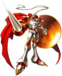  armor digimon digimon_story:_cyber_sleuth digital_hazard dukemon full_armor knight lance no_humans pauldrons polearm red_cape shield simple_background solo weapon yasuda_suzuhito yellow_eyes 
