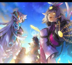  1boy 3girls adamski_s-rank_space ahoge axe blonde_hair blue_hair blue_pantyhose bone_mask brown_hair cable closed_mouth commentary_request deadzone_(duel_masters) duel_masters duel_masters_play's gauntlets grey_hair headgear holding holding_axe hwhh key leotard letterboxed long_hair mecha_musume multicolored_hair multiple_girls open_mouth pantyhose purple_hair purple_leotard red_eyes red_scarf sanmadd_(duel_masters) scarf short_hair teeth torn_clothes torn_leotard upper_teeth_only vest vivi_(duel_masters_play's) white_vest yellow_eyes 