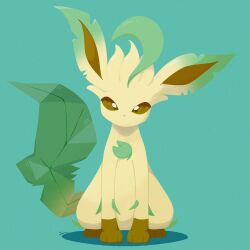  afuron animal_focus blue_background brown_fur brown_sclera closed_mouth colored_sclera commentary dot_mouth full_body green_fur highres leaf leaf_tail leafeon looking_at_viewer multicolored_fur no_humans pokemon pokemon_(creature) pokemon_focus simple_background sitting solo tail yellow_fur 