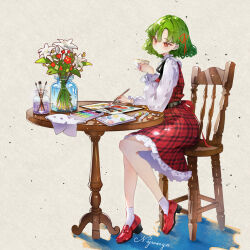  1girl chair chinese_commentary commentary_request english_commentary flower flower_request frilled_skirt frills green_hair highres holding holding_paintbrush kazami_yuuka loafers long_sleeves mixed-language_commentary nywerya on_chair paint_palette paint_tube paintbrush painting_(action) painting_(object) plaid_clothes plaid_skirt plaid_vest red_eyes red_flower red_shoes red_skirt red_vest shirt shoes skirt skirt_set socks solo table touhou vest white_flower white_shirt white_socks 
