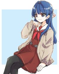  1girl alternate_legwear black_pantyhose blue_background blue_hair border brown_cardigan brown_dress cardigan commentary_request crossed_legs dress half_updo hasu_no_sora_school_uniform highres invisible_chair kanduki_kamibukuro long_hair long_sleeves love_live! love_live!_hasu_no_sora_jogakuin_school_idol_club medium_dress mole mole_on_neck murano_sayaka neckerchief open_cardigan open_clothes outside_border pantyhose red_neckerchief sailor_collar sailor_dress school_uniform simple_background sitting sleeves_past_wrists solo tights_day virtual_youtuber white_border white_sailor_collar winter_uniform 