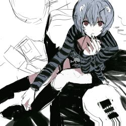  1girl alternate_costume ayanami_rei black_nails black_shirt black_socks brush_stroke chinese_commentary cigarette commentary_request fingernails from_above grey_hair grey_shirt hair_between_eyes hair_ornament hairclip highres holding holding_cigarette kneehighs long_fingernails looking_at_viewer neon_genesis_evangelion red_eyes shirt short_hair shuishuisama simple_background sitting sketch socks solo striped_clothes striped_shirt white_background 