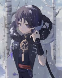  1boy aiguillette bare_tree black_hair black_shirt black_shorts blunt_ends blurry blurry_background choppy_bangs closed_mouth coat commentary_request expressionless eyeliner fatui_coat fur-trimmed_coat fur-trimmed_hood fur_trim gem genshin_impact gold hand_up highres hood hood_down hooded_coat jewelry lapels looking_at_viewer makeup male_focus mandarin_collar mitsudomoe_(shape) neck_ring open_clothes open_coat outdoors portrait purple_gem purple_rope purple_sash red_eyeliner red_sash rope sash scaramouche_(genshin_impact) scaramouche_(harbinger)_(genshin_impact) shimenawa shirt shorts snow snow_on_clothes snow_on_head snowing solo split_mouth tomoe_(symbol) tree tsurime uyuni1374 violet_eyes white_coat white_hood white_rope wolf_cut 