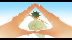  1boy black_hair chinese_commentary commentary_request crescent_print disembodied_hand false_memory finger_frame guniaoniaoniao he_mingshuo highres holding holding_stick jacket male_focus pov print_jacket shirt solo_focus spiky_hair stick sword_print white_jacket wing_print 