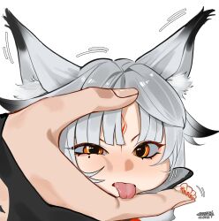  1girl absurdres animal_ears chibi english_commentary forehead_tattoo fox_ears fox_girl highres hsin_(wuthering_waves) kakesu2396 mole mole_under_eye motion_lines red_eyes red_nails red_tattoo rover_(wuthering_waves) size_difference tattoo tongue tongue_out white_background white_hair wuthering_waves 