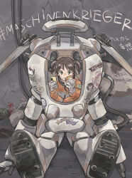  1girl arm_cannon armor armor_skirt brown_hair burger cable cellphone commentary_request eating english_text exoskeleton food food_on_face green_eyes hashtag highres holding holding_burger holding_food holding_phone ice_cream jumpsuit maschinen_krieger mecha mecha_pilot_suit mejirowkaku on_ground open_cockpit orange_jumpsuit original pakf phone power_armor print_armor robot short_twintails sitting smartphone solo solo_focus sticker strahl_democratic_republic too_many_stickers twintails weapon 