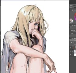  1girl bare_legs blonde_hair blue_eyes cape clip_studio_paint_(medium) covering_own_mouth curled_fingers earrings from_side gigi_andalusia gundam gundam:_hathaway's_flash hair_over_one_eye hand_on_own_knee hand_over_own_mouth highres jewelry knees_up long_hair looking_to_the_side neck_ribbon ng9ybb pensive pink_nails red_ribbon ribbon screenshot shirt simple_background sleeveless solo white_background white_cape white_shirt 