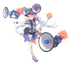  1girl 404_game_re:set anode_(404_game_re:set) armband baton_(weapon) black_collar blue_hat blue_jacket blue_shoes blue_shorts bracelet cable cable_tail collar floating floating_object full_body green_armband hair_between_eyes hat jacket jewelry key long_hair low_twintails mappy mappy_(character) mechanical_tail megaphone official_art open_mouth outstretched_arm personification pointing police police_hat police_uniform policewoman shoes shorts simple_background sleeveless sleeveless_jacket socks solo standing standing_on_one_leg tail third-party_source twintails very_long_hair walkie-talkie watch watch weapon white_background white_hair white_socks yellow_eyes yuugen 