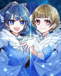  2girls :d blue_dress blue_eyes blue_hair blue_ribbon brown_hair closed_mouth commentary dollchestra dress fingerless_gloves frilled_dress frills gloves hair_ornament hair_ribbon hand_on_own_chest highres icy_(love_live!) kachimachi_kosuzu kanduki_kamibukuro long_hair looking_at_viewer love_live! love_live!_hasu_no_sora_jogakuin_school_idol_club multiple_girls murano_sayaka night open_mouth pink_eyes ponytail red_ribbon ribbon short_hair sky smile star_(sky) star_(symbol) star_hair_ornament starry_sky virtual_youtuber white_gloves 