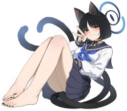  1girl animal_ears barefoot black_eyes black_hair black_nails black_ribbon blue_archive blue_halo blue_neckerchief blue_sailor_collar blue_skirt bright_pupils cat_ears cat_girl cat_tail choppy_bangs commentary_request csham full_body halo highres invisible_floor kikyou_(blue_archive) legs long_sleeves medium_hair multiple_tails neck_ribbon neckerchief nervous_smile parted_bangs partial_commentary pleated_skirt reclining ribbon sailor_collar school_uniform serafuku simple_background skirt smile solo sweatdrop tail two_tails v white_background white_pupils white_serafuku white_trim 