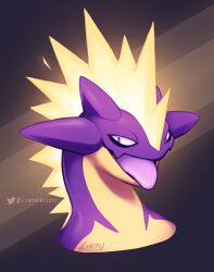  artist_name colored_skin commentary english_commentary lintufriikki looking_at_viewer multicolored_skin open_mouth pokemon pokemon_(creature) portrait purple_skin signature solo tongue tongue_out toxtricity toxtricity_(amped) twitter_logo twitter_username two-tone_skin yellow_skin 