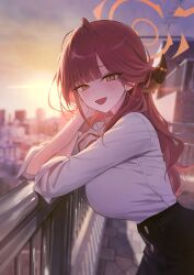  1girl :d absurdres against_railing aru_(blue_archive) black_skirt blue_archive breasts brown_horns cityscape collared_shirt commentary cowboy_shot demon_horns halo high-waist_skirt highres horns large_breasts long_hair long_sleeves looking_at_viewer low_horns okkimon open_mouth orange_halo pencil_skirt railing red_hair shirt single_hair_intake skirt smile solo sunset untranslatable_commentary white_shirt yellow_eyes 