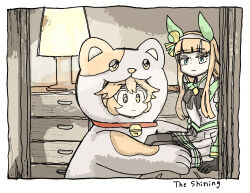  2girls animal_costume animal_ears bed bell black_gloves border cat_costume closed_mouth commentary_request copyright_name ear_covers expressionless from_side gloves hairband hand_rest horse_ears indoors jingle_bell long_sleeves looking_at_viewer matikanefukukitaru_(umamusume) morisshii_(morishiey) multiple_girls neck_bell on_bed pantyhose parody scene_reference shirt silence_suzuka_(innocent_silence)_(umamusume) silence_suzuka_(umamusume) sitting skirt star-shaped_pupils star_(symbol) symbol-shaped_pupils the_shining umamusume white_border 