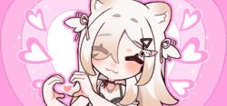  1girl :3 animal_ear_fluff animal_ears blonde_hair blush cat_ears cat_girl choker closed_mouth cweamcat eyelashes hair_ornament hair_over_one_eye hair_ribbon hairclip heart heart_hands heart_necklace indie_virtual_youtuber jewelry long_hair lowres necklace official_art one_eye_closed outline pink_background pink_outline pink_ribbon ribbon second-party_source smile solo sparkle two_side_up virtual_youtuber yam_(no_7error) 