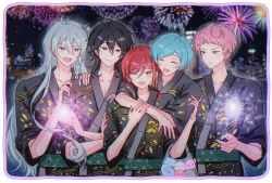  5boys aerial_fireworks ahoge bag black_hair blue_hair braid closed_eyes closed_mouth commentary ensemble_stars! fireworks hair_between_eyes hands_up hibiki_wataru highres holding holding_fireworks hug hug_from_behind itsuki_shu japanese_clothes kk2z long_hair looking_at_another male_focus multicolored_hair multiple_boys night one_eye_closed open_mouth parted_bangs pink_hair plastic_bag red_eyes red_hair sakasaki_natsume sakuma_rei_(ensemble_stars!) shinkai_kanata short_bangs single_braid sparkler the_oddballs_(ensemble_stars!) two-tone_hair untranslatable_commentary upper_body violet_eyes yellow_eyes 