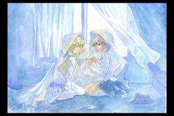  2girls asymmetrical_sidelocks barefoot black_border black_hat black_skirt blonde_hair border bow bridal_veil brown_hair closed_eyes collared_shirt commentary_request curtains from_side hair_bow hat hat_bow jewelry kneehighs kneeling long_hair long_sleeves maribel_hearn medium_hair mononofu7 multiple_girls no_shoes open_mouth pants purple_pants purple_shirt ring shirt sidelocks skirt socks touhou traditional_media unworn_hat unworn_headwear usami_renko veil wedding_ring white_bow white_shirt white_socks wife_and_wife yuri 