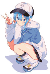  1girl :d absurdres baseball_cap black_hat black_skirt blue_eyes blue_hair blue_jacket commentary_request double-parted_bangs full_body grin hair_between_eyes hand_up hands_up hat highres hololive hoshimachi_suisei hoshimachi_suisei_(11th_costume) irodori_drawpic jacket leg_warmers long_hair looking_at_viewer miniskirt multicolored_jacket official_alternate_costume partial_commentary shoes short_hair sidelocks simple_background skirt smile sneakers solo squatting star_(symbol) star_in_eye symbol_in_eye two-tone_hat two-tone_jacket very_long_hair virtual_youtuber white_background white_hat white_jacket white_leg_warmers white_shoes 