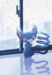  animal_focus aruco_co blue_eyes closed_mouth colored_sclera full_body glameow half-closed_eyes highres no_humans pokemon pokemon_(creature) pokemon_focus reflection smile solo water_drop whiskers window yellow_sclera 
