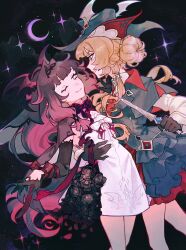  2girls bat_wings black_dress black_flower black_gloves black_hair black_hat blue_eyes blush bow bowtie brown_hair columbina_(big_bad_vampire)_(genshin_impact) columbina_(genshin_impact) commentary cowboy_shot dagger dark_background dress dress_bow fang flower from_side genshin_impact gloves hair_bun hand_on_another's_waist hat head_wings highres holding holding_dagger holding_knife holding_weapon iridscnce knife layered_dress long_hair multicolored_hair multiple_girls official_alternate_costume one_eye_closed purple_hair purple_streaks purple_wings sandrone_(genshin_impact) sandrone_(vampire_hunter)_(genshin_impact) short_hair_with_long_locks streaked_hair two-tone_hair untranslatable_commentary vampire violet_eyes weapon white_dress wings wrist_bow 