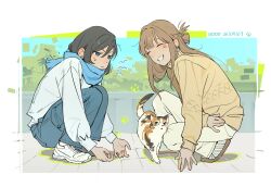  2girls absurdres bddd777 black_hair blue_eyes blue_pants blue_scarf border braid brown_hair brown_sweater cat dated earrings flower_earrings from_side full_body half_up_braid half_up_half_down_braid highres jewelry kneeling long_hair long_sleeves looking_at_another miyagi_shiori multiple_girls outdoors pants scarf sendai_hazuki shoes shuuniichido_classmate_wo_kau_hanashi sneakers stud_earrings sweater white_border white_pants yuri 