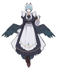 1girl angela_(project_moon) apron ascot black_dress black_feathers blue_coat blue_hair boots brown_boots chunta coat collared_shirt commentary_request demon_horns dress feathered_wings feathers frilled_apron frills full_body gloves half_gloves highres horns library_of_ruina lobotomy_corporation maid maid_apron maid_headdress project_moon puffy_sleeves shirt short_hair tray waist_apron white_apron white_ascot white_background white_gloves wings yellow_eyes