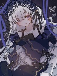  1girl bare_shoulders black_ribbon blue_dress blue_hairband bow bug butterfly commentary_request dress dress_bow frilled_dress frilled_hairband frilled_sleeves frills gothic_lolita hair_over_one_eye hair_ribbon hairband highres holding holding_sketchbook jewelry layered_sleeves lolita_fashion lolita_hairband long_hair long_sleeves looking_at_viewer mahou_shoujo_no_majo_saiban natsume_an-an necklace off-shoulder_dress off_shoulder one_side_up polka_dot polka_dot_bow ribbon sketchbook sleeve_bow sleeves_past_fingers sleeves_past_wrists solo space upper_body violet_eyes white_hair wide_sleeves yugi_p 
