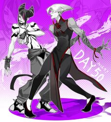  2girls a.k.i._(street_fighter) black_hair breasts chinese_clothes claw_(weapon) commentary_request dress earrings fingerless_gloves flats gloves hair_horns han_juri highres impossible_hair jewelry jlxy0907 mma_gloves multicolored_hair multiple_girls navel pants pelvic_curtain purple_streaks qipao red_trim see-through_clothes see-through_sleeves short_hair spikes spot_color streaked_hair street_fighter street_fighter_6 tassel tassel_earrings weapon white_hair 