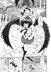  1girl black_hair comic feathered_wings forest hat hidefu_kitayan kourindou monochrome musical_note nature shameimaru_aya short_hair solo spoken_musical_note tokin_hat touhou translation_request wings 