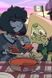  2girls barn_(steven_universe) blonde_hair blue_hair casual closed_mouth colored_skin crumbs crying crying_with_eyes_open discount-supervillain eating face_shield flag food forehead_jewel fork gem gem_(steven_universe) green_skin highres holding holding_fork in-universe_location lapis_lazuli_(steven_universe) multiple_girls peridot_(steven_universe) pie shirt short_hair steven_universe t-shirt tears triangle-shaped_hair 