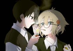  2boys aliasing alternate_costume antenna_hair basil_(faraway)_(omori) basil_(omori) bespectacled black-framed_eyewear black_eyes black_hair black_sweater_vest blonde_hair blue_eyes cigarette collared_shirt double-parted_bangs flower ggggg27227 glasses green_sweater_vest hair_between_eyes hair_flower hair_ornament holding holding_lighter lighter long_sleeves looking_at_another male_focus multiple_boys omori parted_lips round_eyewear semi-rimless_eyewear shirt sidelocks smoking sunny_(omori) sweater_vest under-rim_eyewear white_shirt 