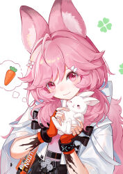  1girl absurdres ahoge animal animal_ear_fluff animal_ears arknights bracelet carrot chinese_commentary closed_mouth clover commentary_request fingerless_gloves four-leaf_clover gloves hair_between_eyes hands_up highres holding holding_animal holding_rabbit infection_monitor_(arknights) jewelry long_hair looking_at_viewer material_growth orange_gloves oripathy_lesion_(arknights) pink_eyes pink_hair rabbit rabbit_ears rabbit_girl smile solo spoken_food thumpy_(arknights) upper_body white_background white_rabbit_(animal) xiuxiuya 