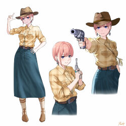  1girl absurdres aiming alternate_costume belt blue_eyes brown_hat brown_shirt closed_mouth commentary_request cowboy_hat cowboy_shot cowgirl_(western) denim denim_skirt earrings finger_gun full_body go-toubun_no_hanayome gun hand_in_pocket hand_on_own_hip handgun hat highres holding holding_gun holding_weapon jewelry long_skirt looking_at_viewer meme multiple_views nakano_ichika pink_hair plaid_clothes plaid_shirt revolver ricky_(haye4843) ring shirt short_hair simple_background skirt sleeves_rolled_up unmoving_pattern weapon white_background yusuf_dikec_(meme) 