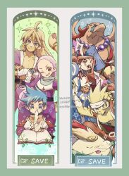  >_o 1girl 4boys :d ;d animal_ears bandaged_arm bandages bead_necklace beads belt black_belt blonde_hair blue_dress blue_eyes blue_hair book border breath_of_fire breath_of_fire_iii closed_mouth commentary_request crossed_arms dress facial_mark furry furry_male garr_(breath_of_fire) green_border hat highres holding holding_quill honey_(breath_of_fire) jewelry long_hair long_sleeves looking_at_viewer maruno momo_(breath_of_fire) mortarboard multiple_boys neck_ribbon necklace nose_bubble one_eye_closed orange_hair orange_scarf pants peco_(breath_of_fire) pince-nez purple_pants purple_shirt quill red_ribbon rei_(breath_of_fire) ribbon ryu_(breath_of_fire_iii) scarf shirt short_hair smile spiky_hair tail teepo_(breath_of_fire) tiger_boy tiger_tail violet_eyes yellow_fur 